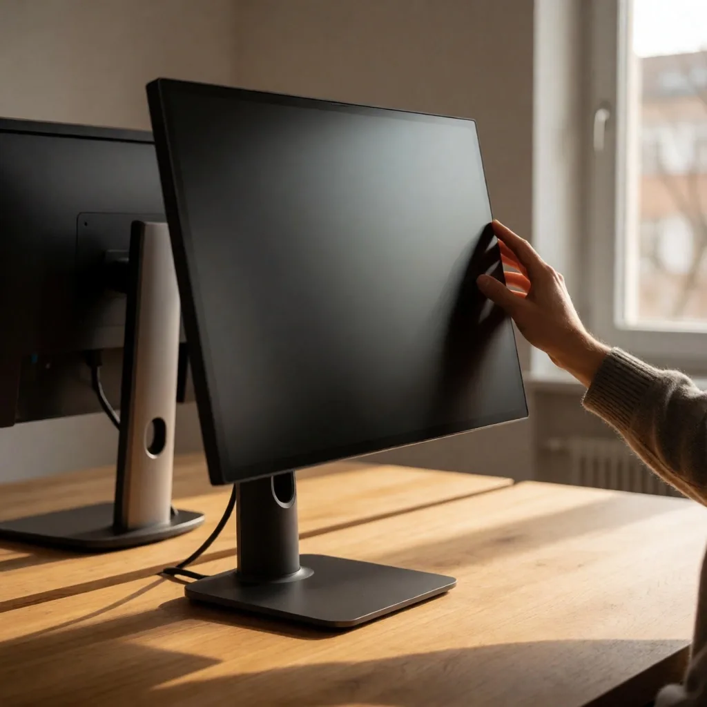 Hand stellt Monitorneigung ein